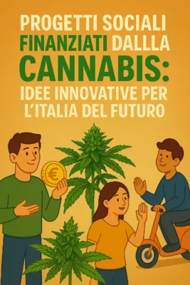 Illustrazione di una comunità italiana con progetti sociali, agricoltura e servizi pubblici finanziati dalla cannabis
