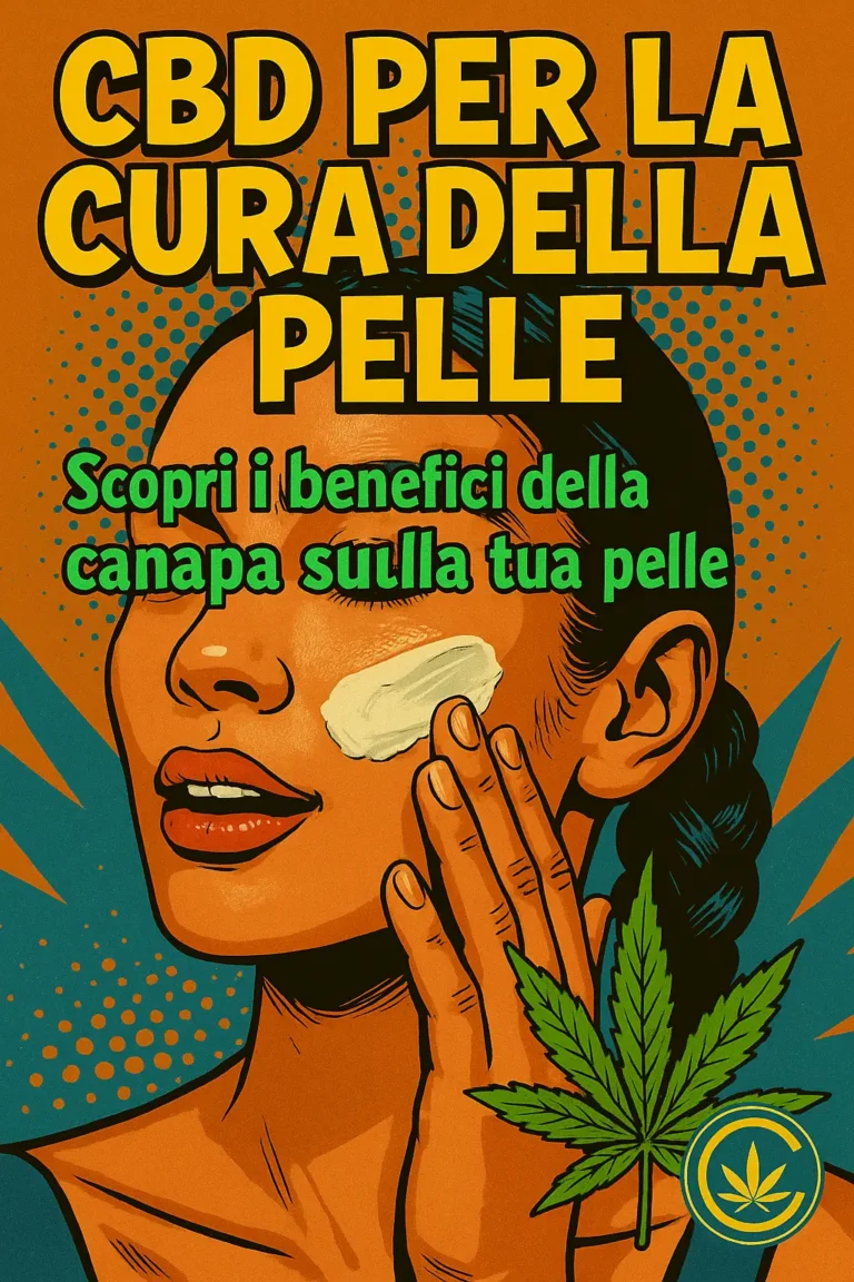 CBD per la Cura della Pelle - Immagine pop art con foglia di canapa e donna con crema viso - cbd, cura, pelle
