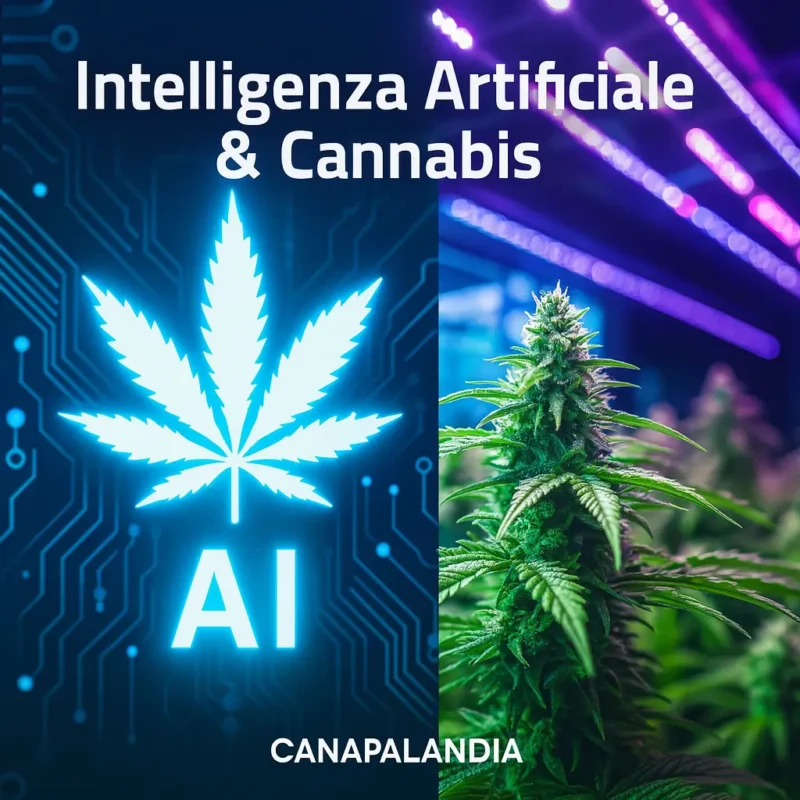 Immagine che rappresenta l’integrazione tra intelligenza artificiale e cannabis, con una foglia luminosa stilizzata su sfondo tecnologico e una pianta di cannabis coltivata con luci LED.
